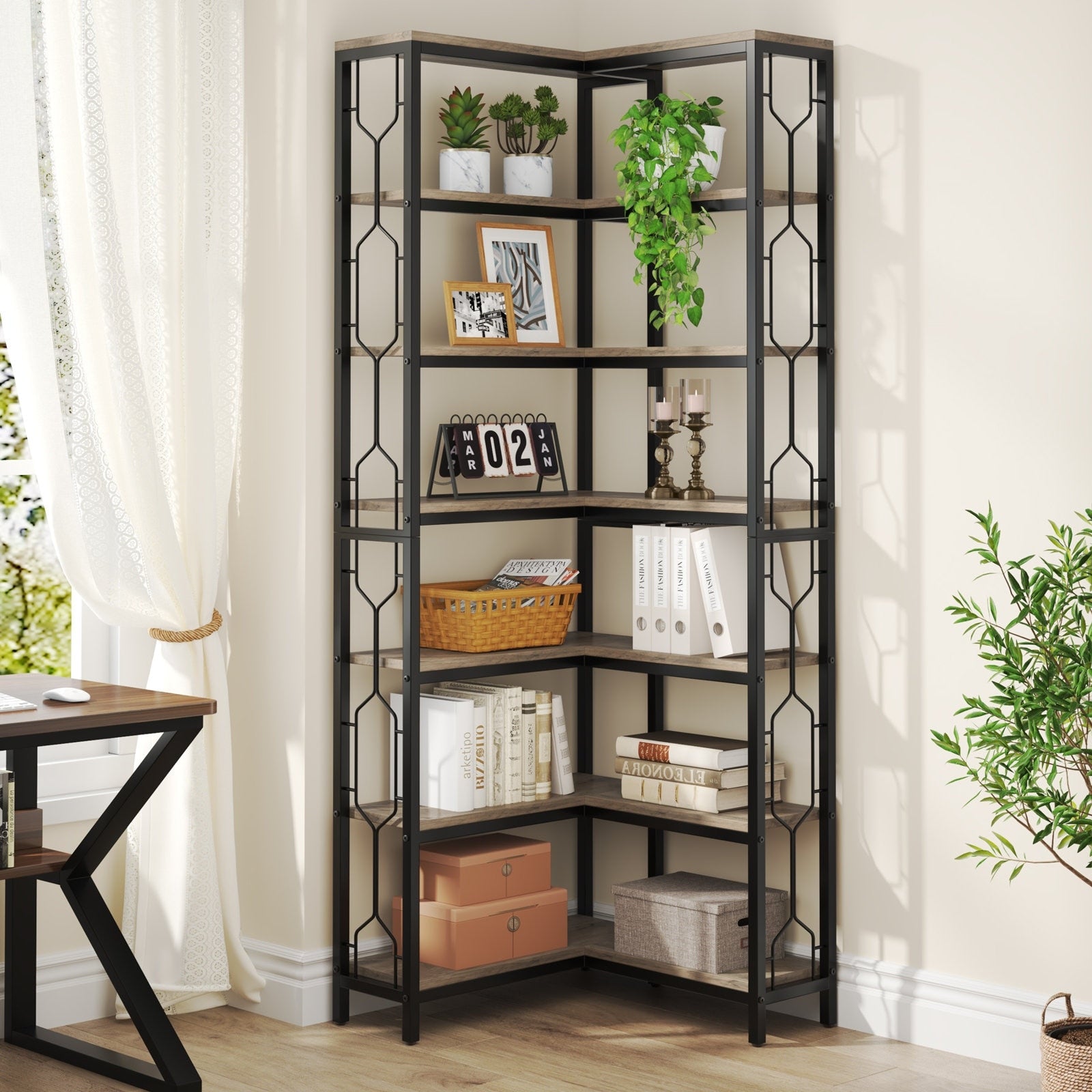 7 Tier Corner Shelf Industrial Corner Bookshelf Wood and Metal Corne Overstock