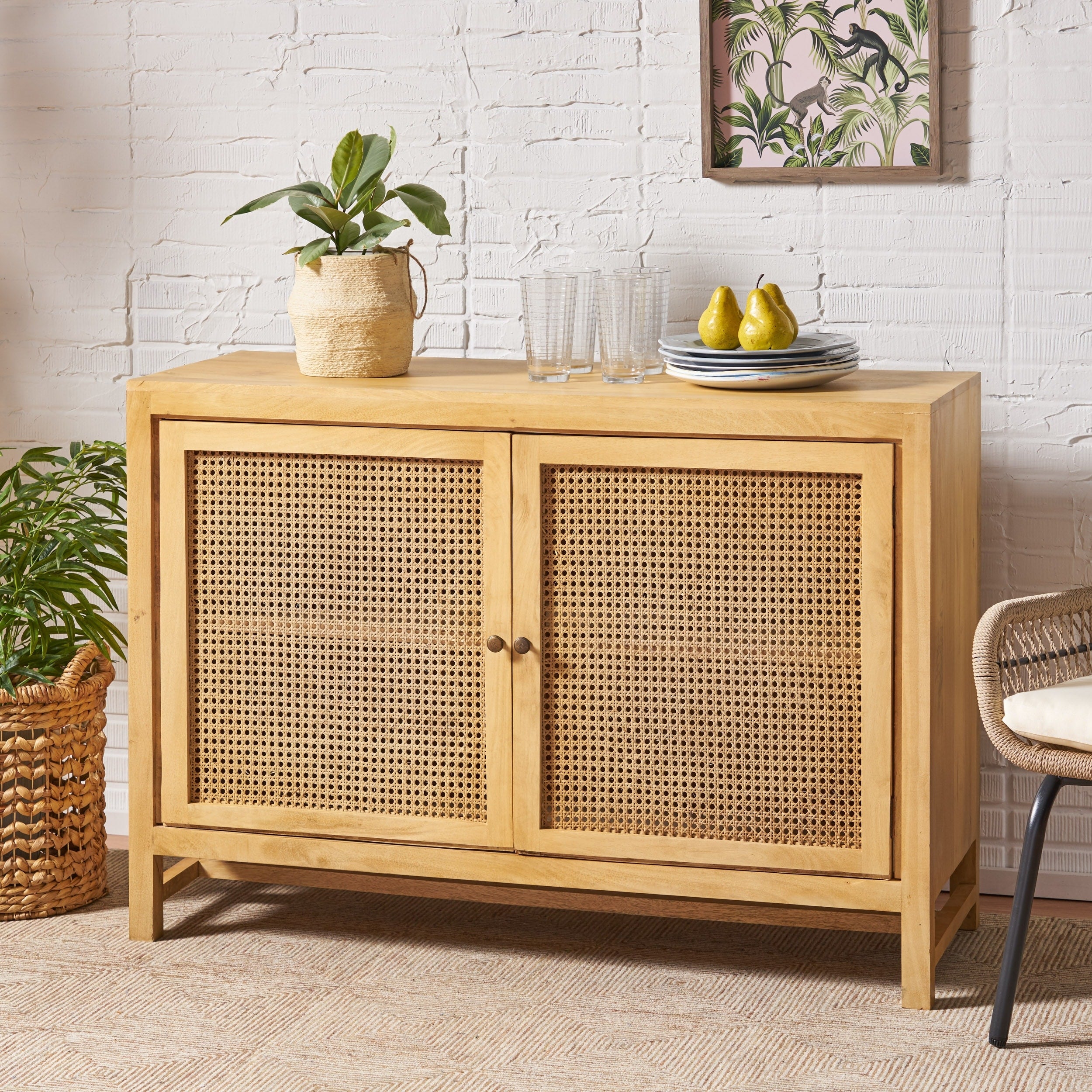 Mango wood cane cabinet sales