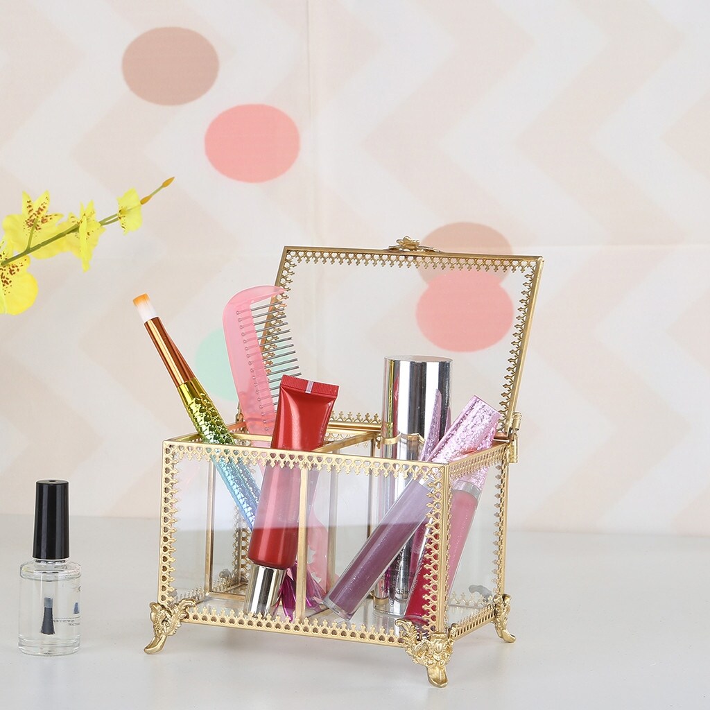 Clear Glass Cosmetic Storage Box With Lid And 3 Compartments Golden Me