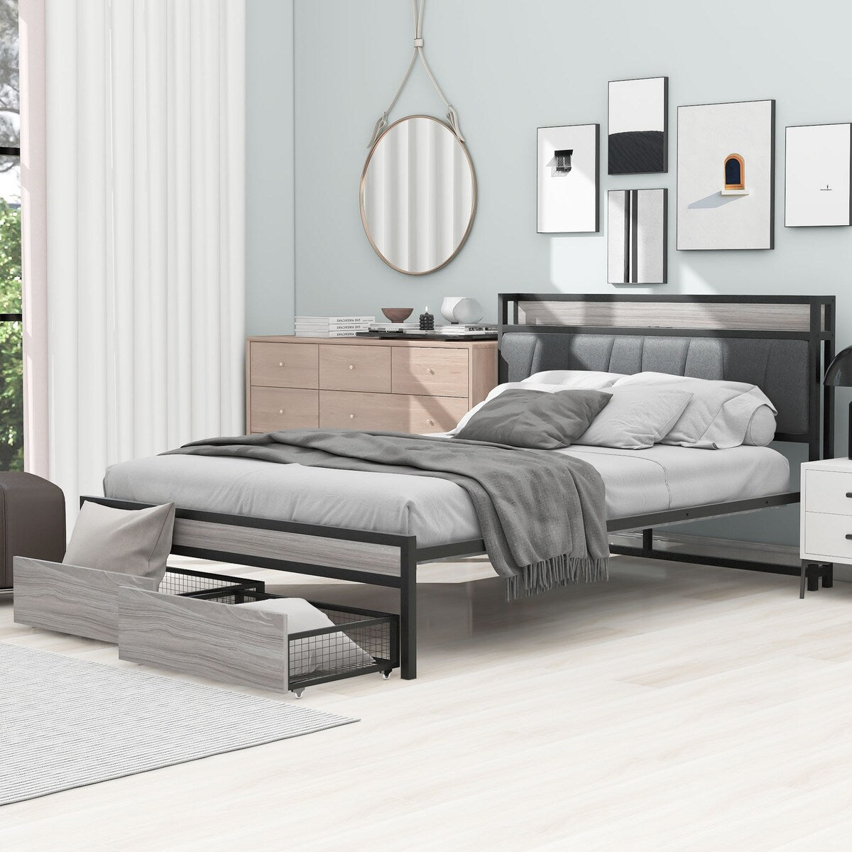 Full Size Metal Platform Bed Upholstered Headboard with 2 Drawers and