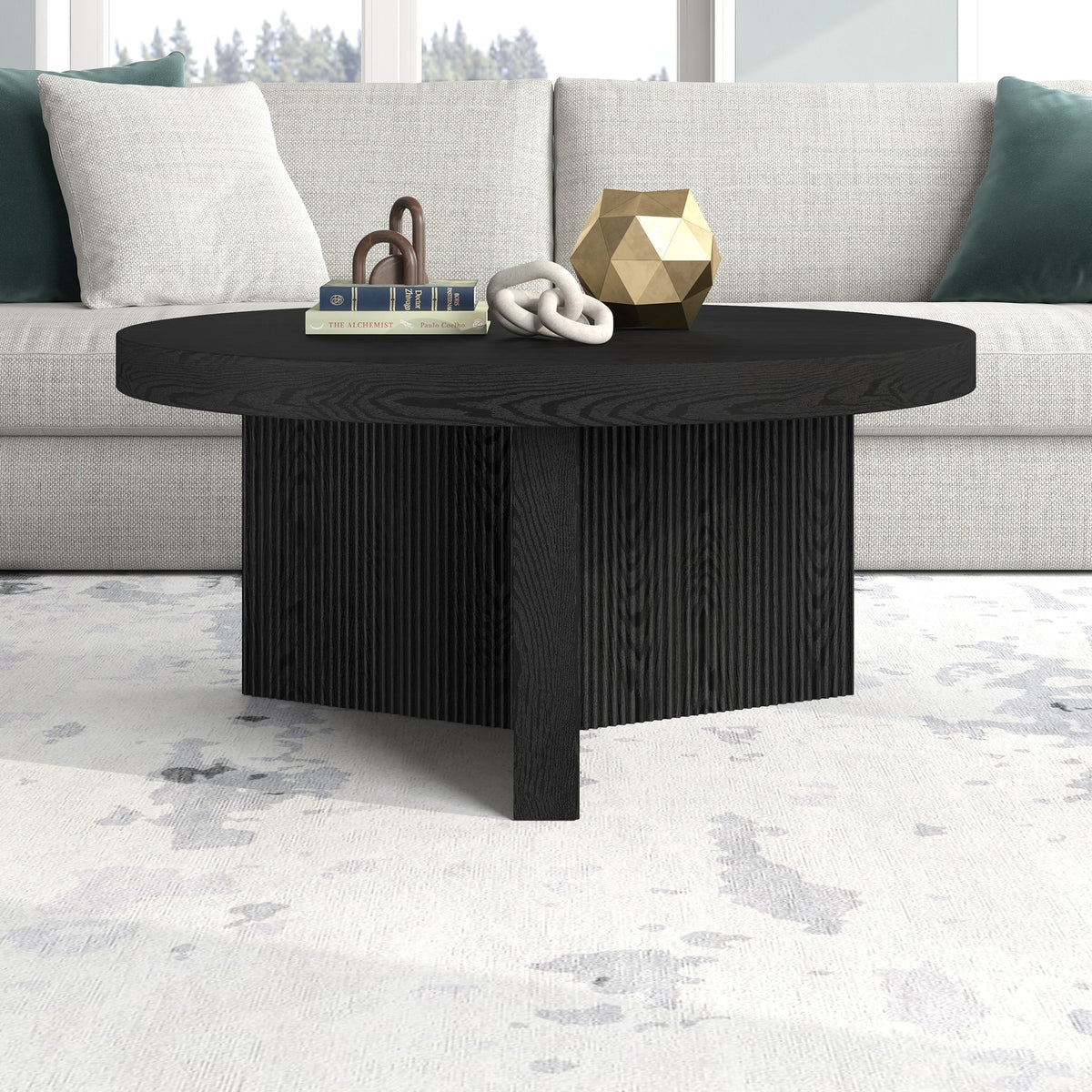 Henn&Hart 36" Wide Round Coffee Table With Glass Top In Blackened