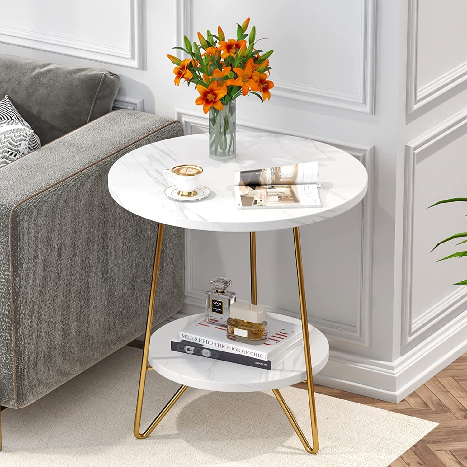 Round End Table 2 Tier Wood Sofa Side Table for Living Room Bedroom