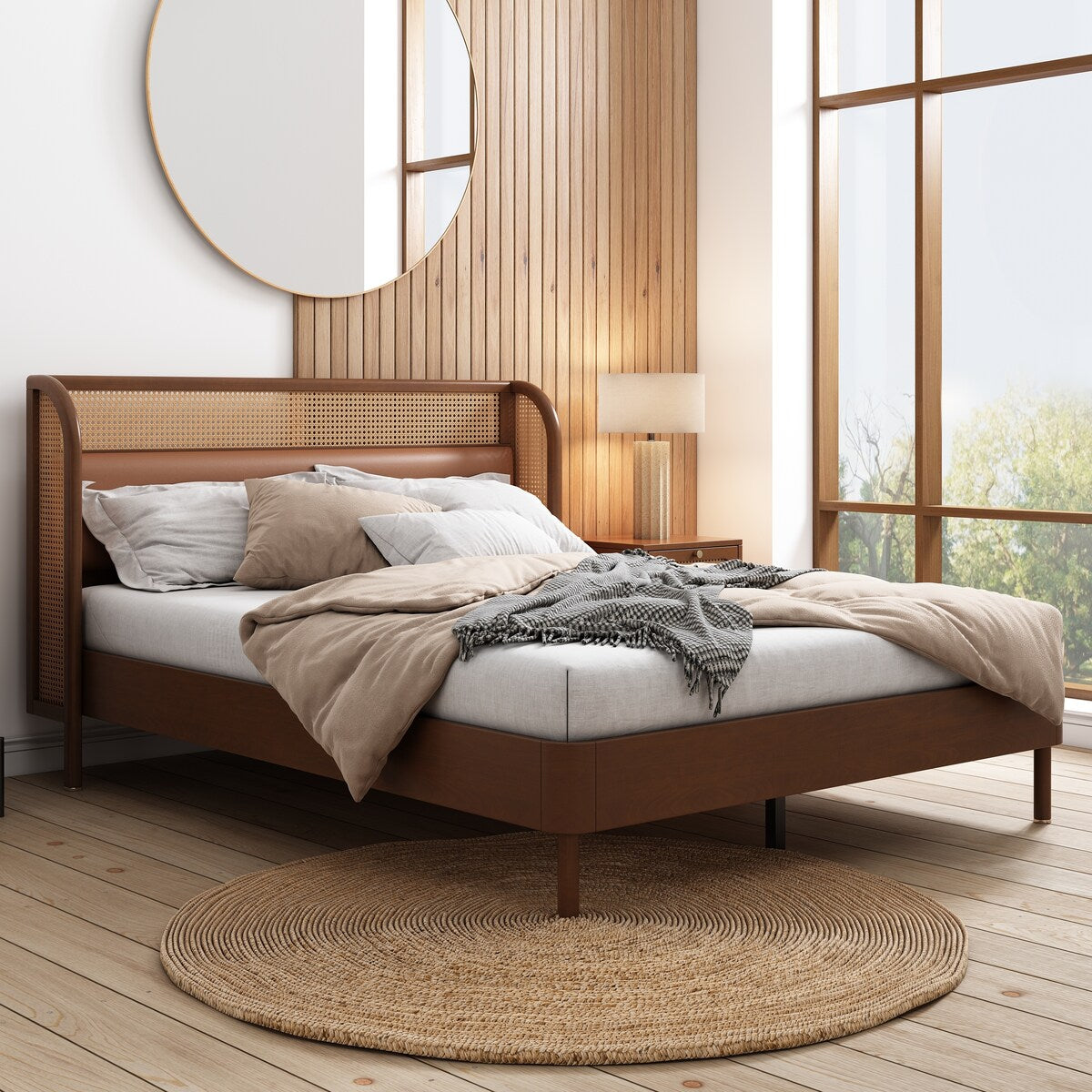 Wingback Platform Bed Queen Bed Frame with Rattan Headboard Overstock