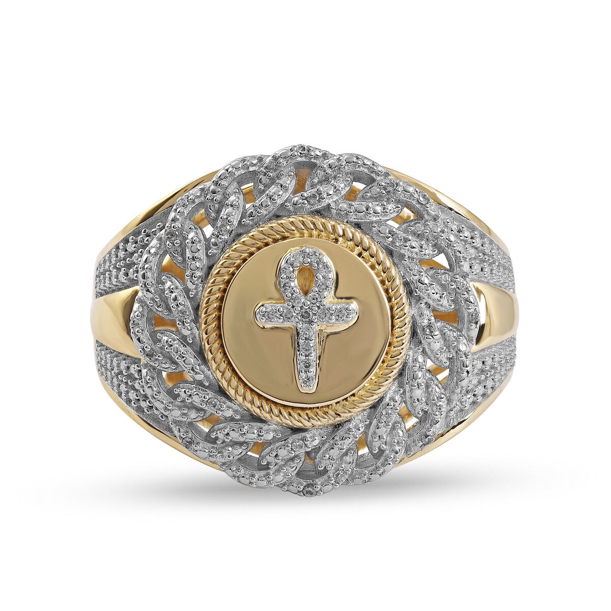 1/10ct TDW Diamond Cuban Link Mens Ring in 10k Gold