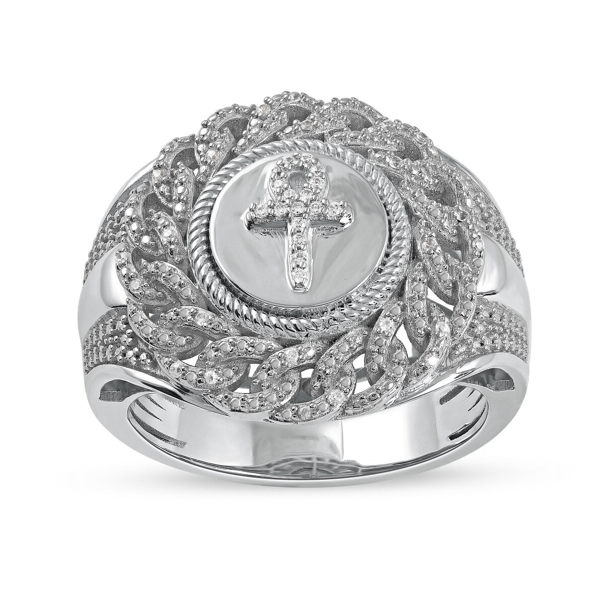 1/10ct TDW Diamond Cuban Link Mens Ring in 10k Gold