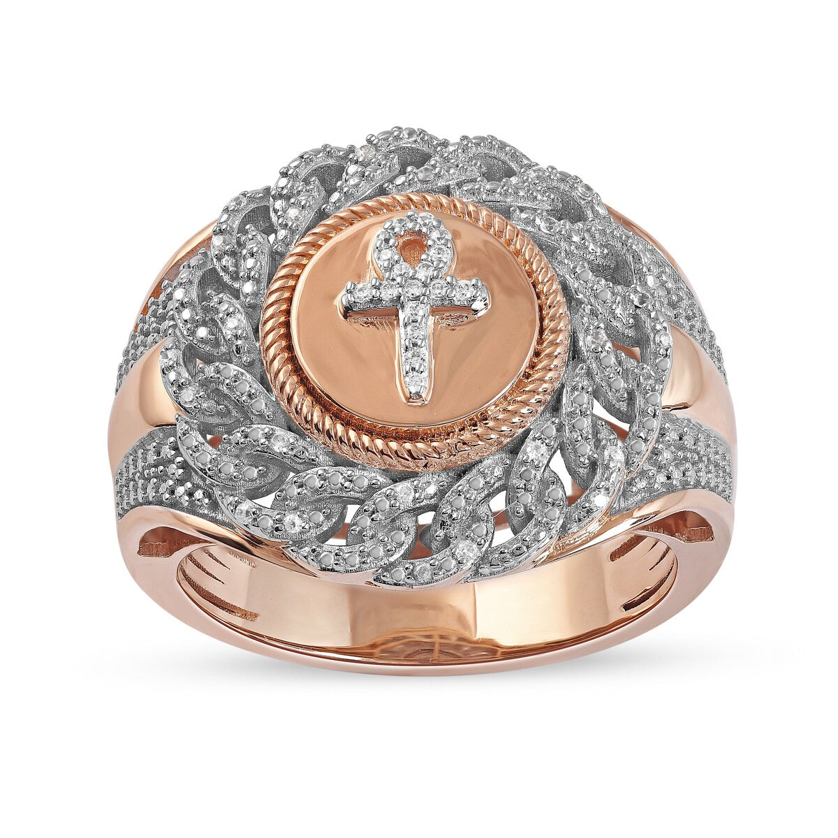 1/10ct TDW Diamond Cuban Link Mens Ring in 10k Gold