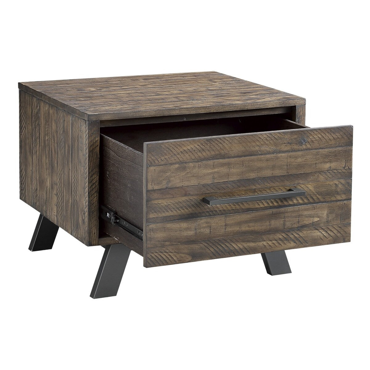1 Drawer Plank Design End Table with Angled Metal Legs, Brown