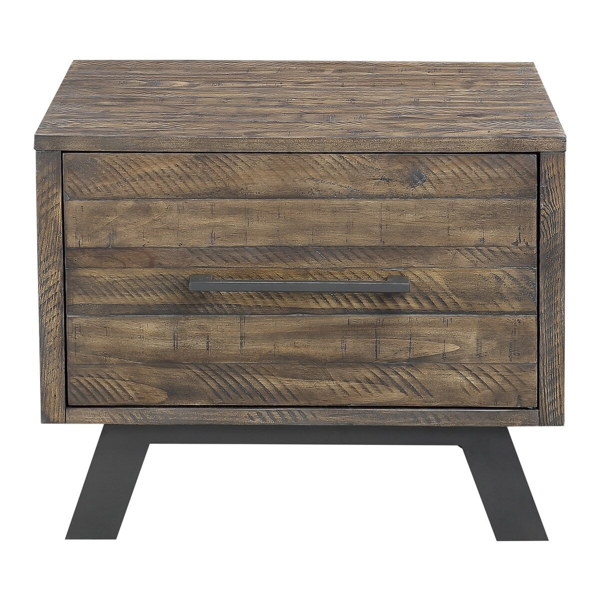 1 Drawer Plank Design End Table with Angled Metal Legs, Brown