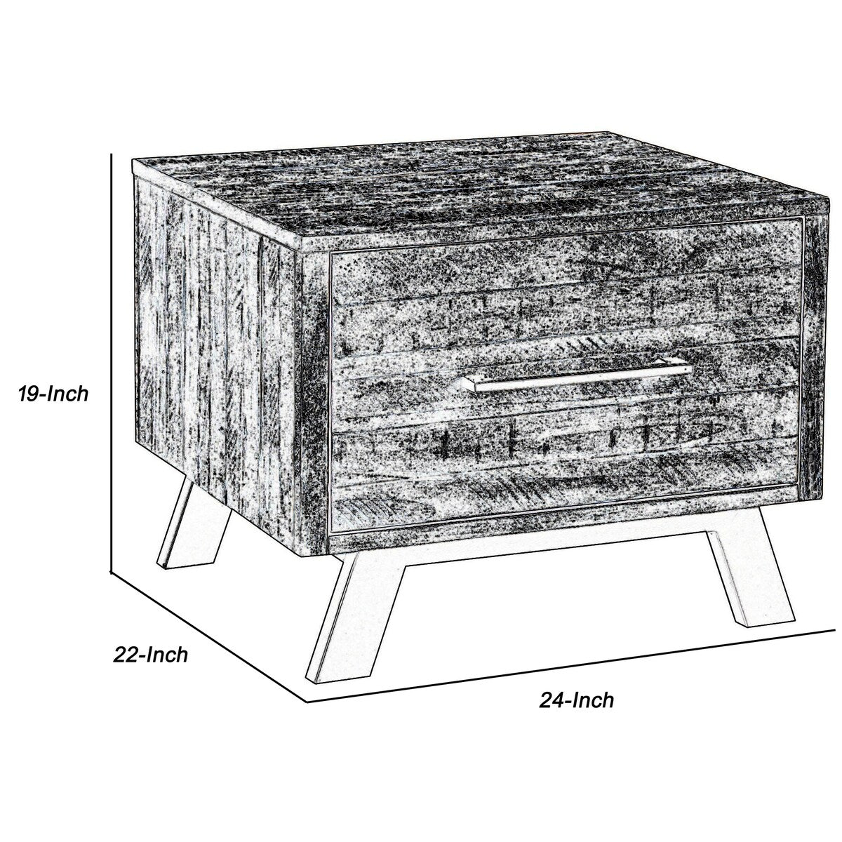 1 Drawer Plank Design End Table with Angled Metal Legs, Brown