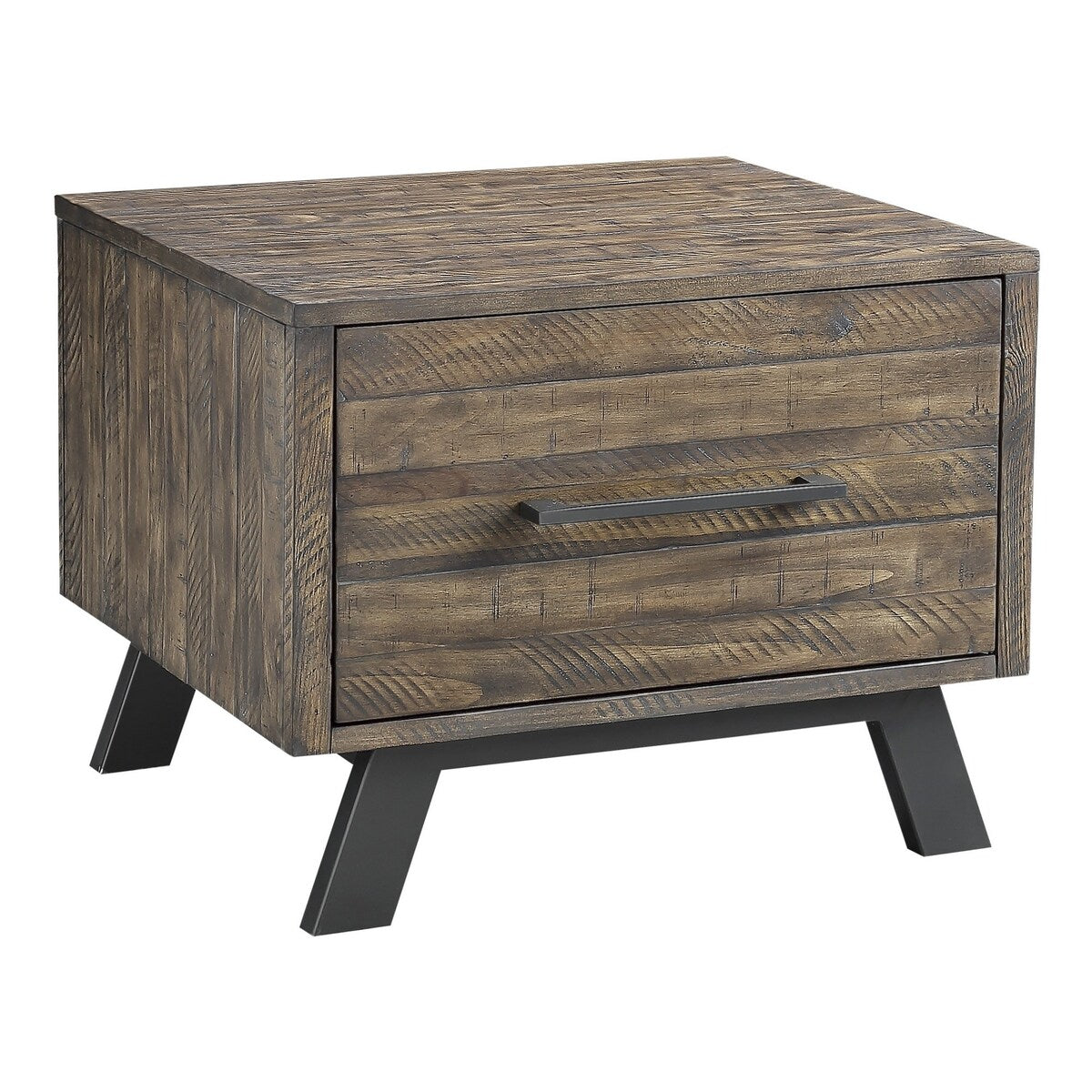 1 Drawer Plank Design End Table with Angled Metal Legs, Brown