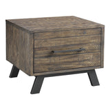 1 Drawer Plank Design End Table with Angled Metal Legs, Brown