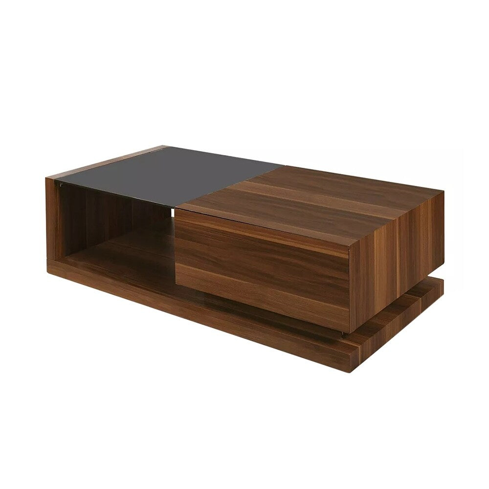 1 Drawer Tempered Glass Coffee Table in Black and Dark Walnut