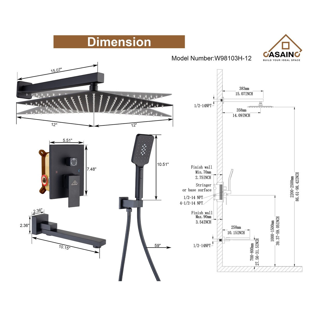 1-Handle 3-Spray Pattern 10 in. Wall Mount Shower Set Shower Head, Tub and Shower Faucet - 10 inch