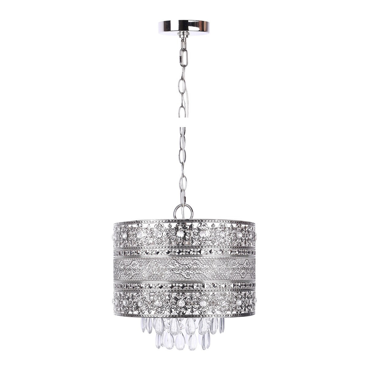 1-Light Antique Silver Pendant w/ Intricate Cutout Pattern & Crystal Dangles