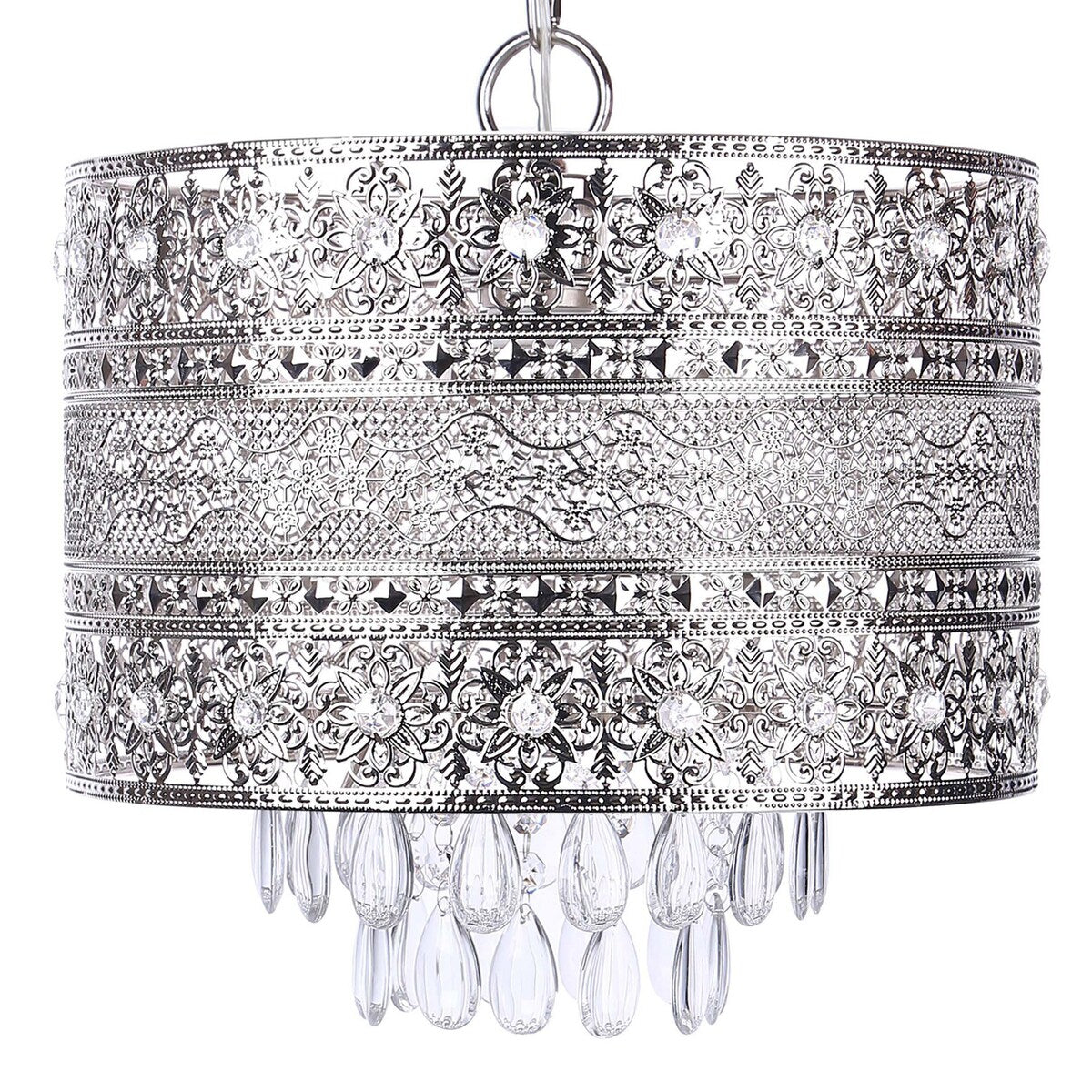 1-Light Antique Silver Pendant w/ Intricate Cutout Pattern & Crystal Dangles