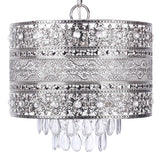 1-Light Antique Silver Pendant w/ Intricate Cutout Pattern & Crystal Dangles
