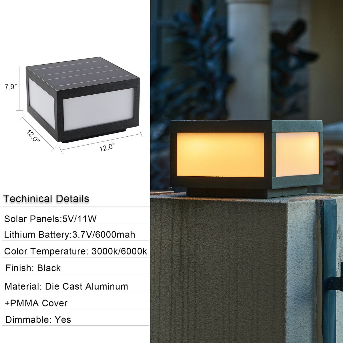 1-Light Black Aluminium Solar Outdoor Post Light Set