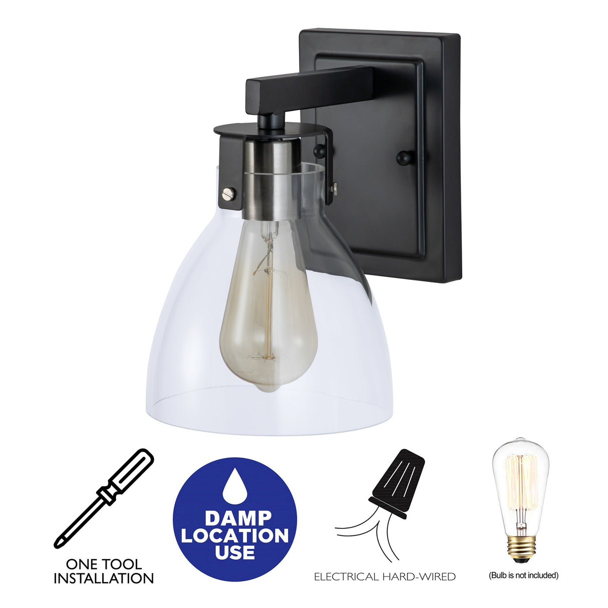 1-Light Black Finish Wall Sconce with Clear Dome Glass Shade