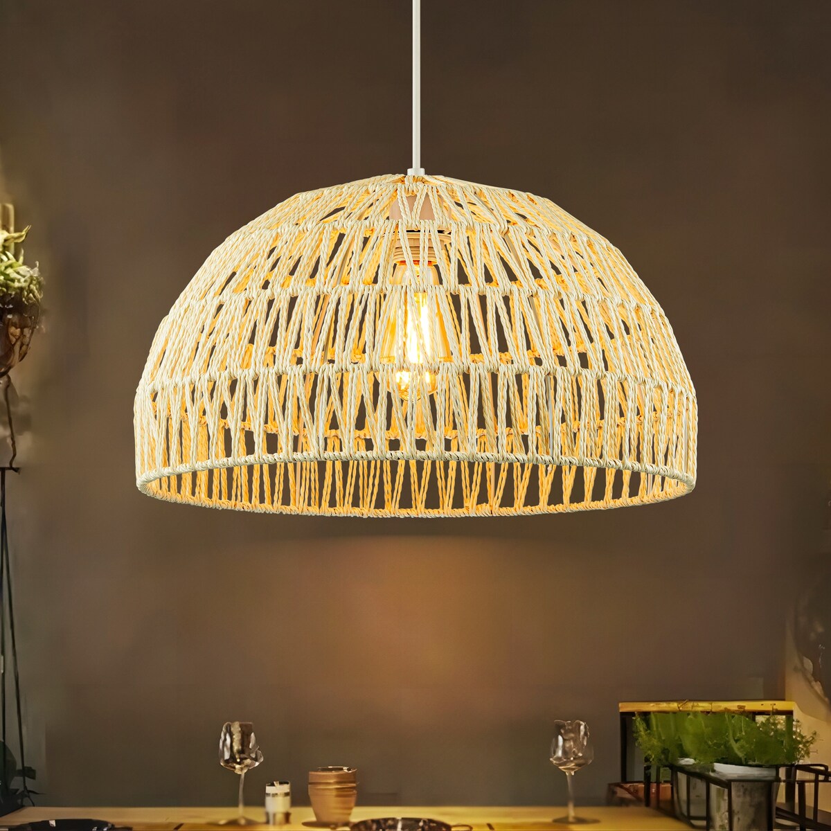 1-Light Modern Farmhouse Bohemian Round Hand-Woven Rattan Flush Mount Light Dome Pendant Light
