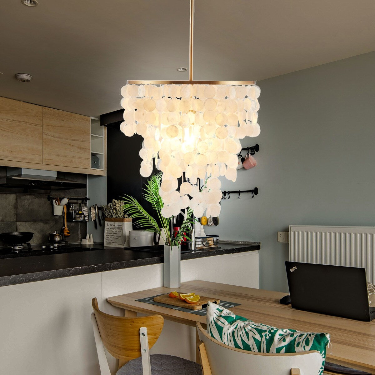 1-Light Layered Capiz Chandelier for Living Room