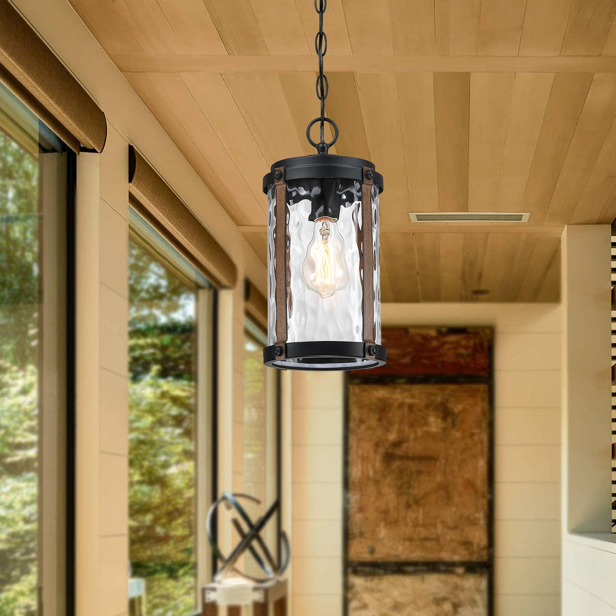 1-Light Matte Black and Barnwood Accents Outdoor Hanging Pendant Light
