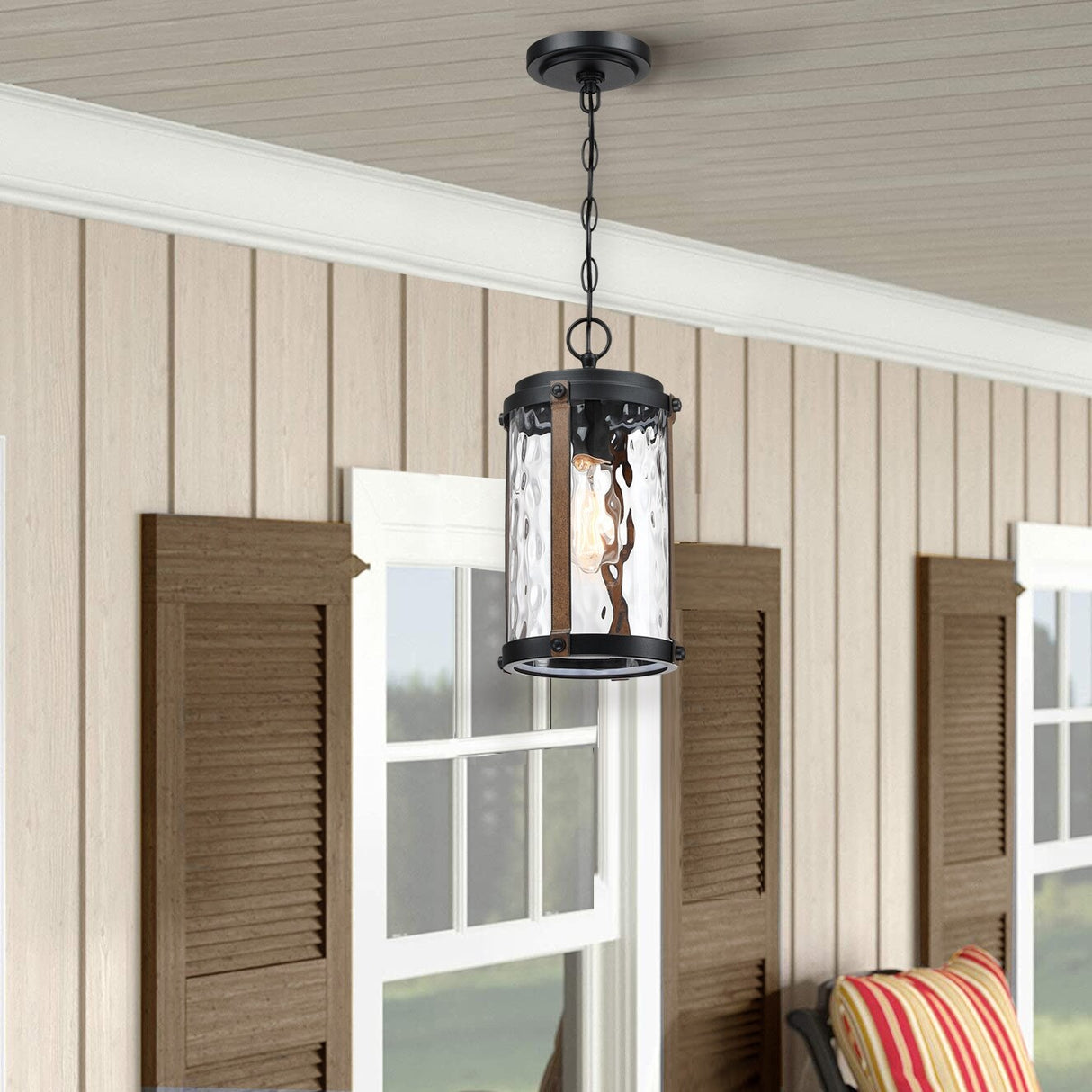 1-Light Matte Black and Barnwood Accents Outdoor Hanging Pendant Light