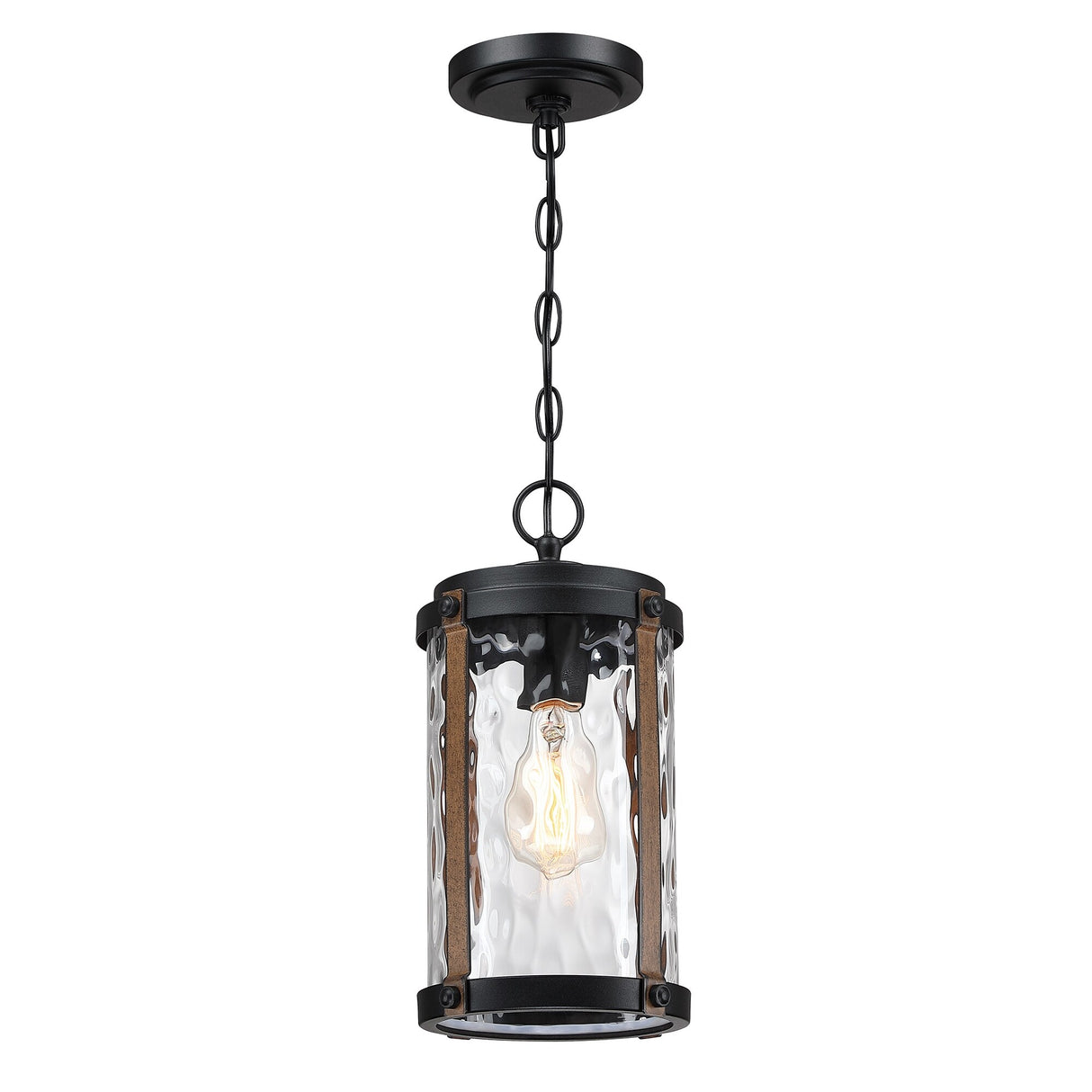 1-Light Matte Black and Barnwood Accents Outdoor Hanging Pendant Light