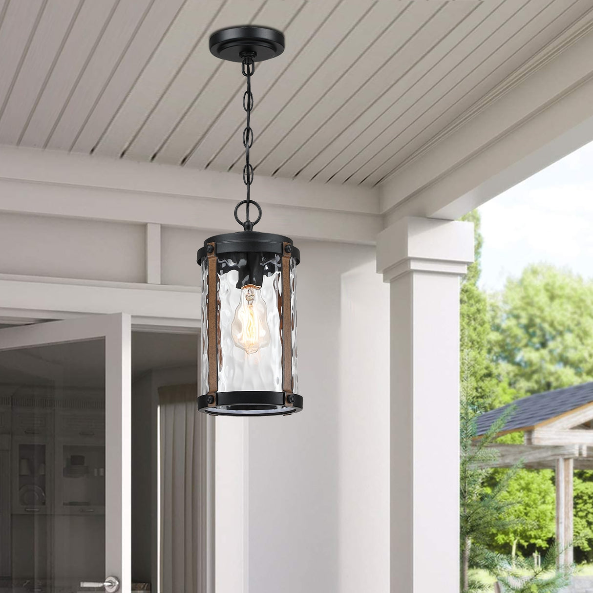 1-Light Matte Black and Barnwood Accents Outdoor Hanging Pendant Light