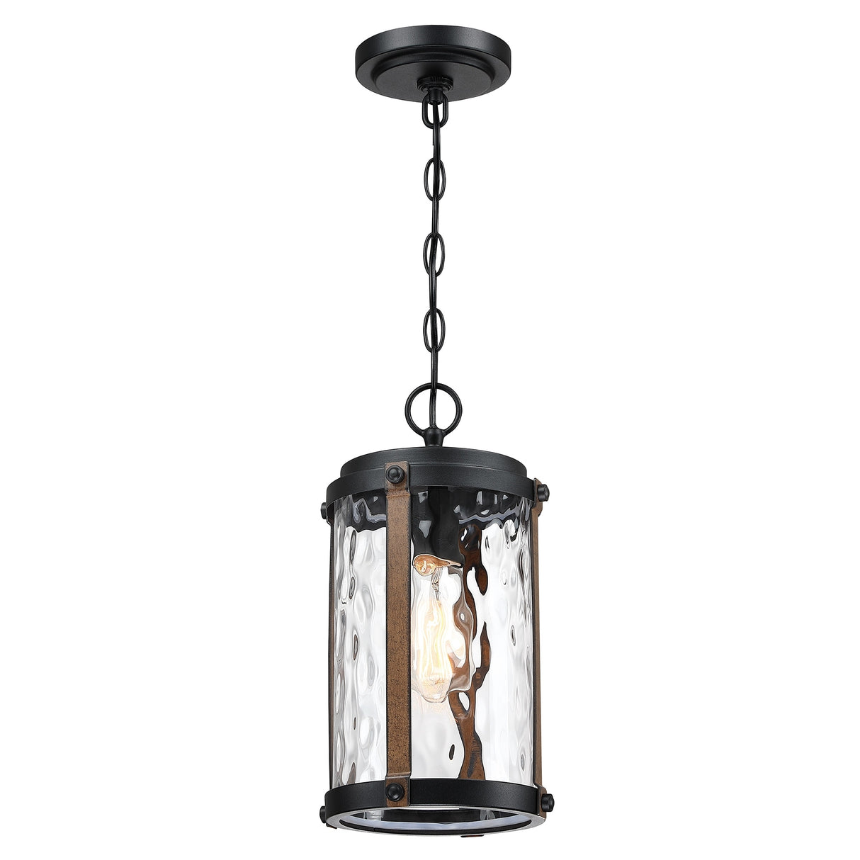 1-Light Matte Black and Barnwood Accents Outdoor Hanging Pendant Light