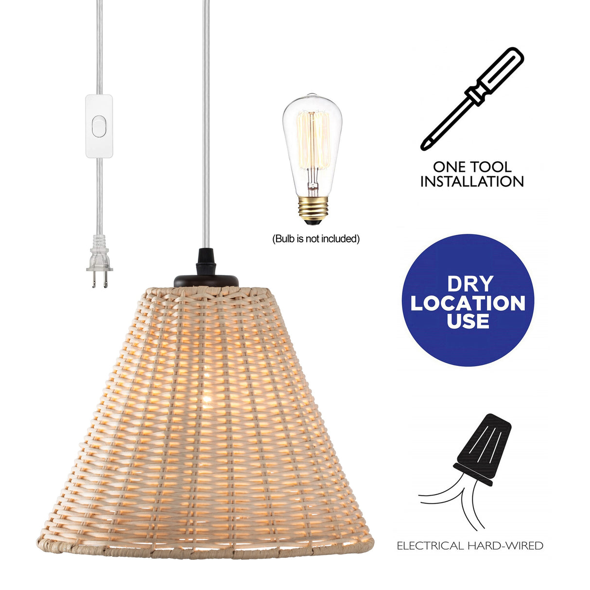1-Light Plug-in Swag Pendant Light with Hand-woven Rattan Shade - Natural Rattan