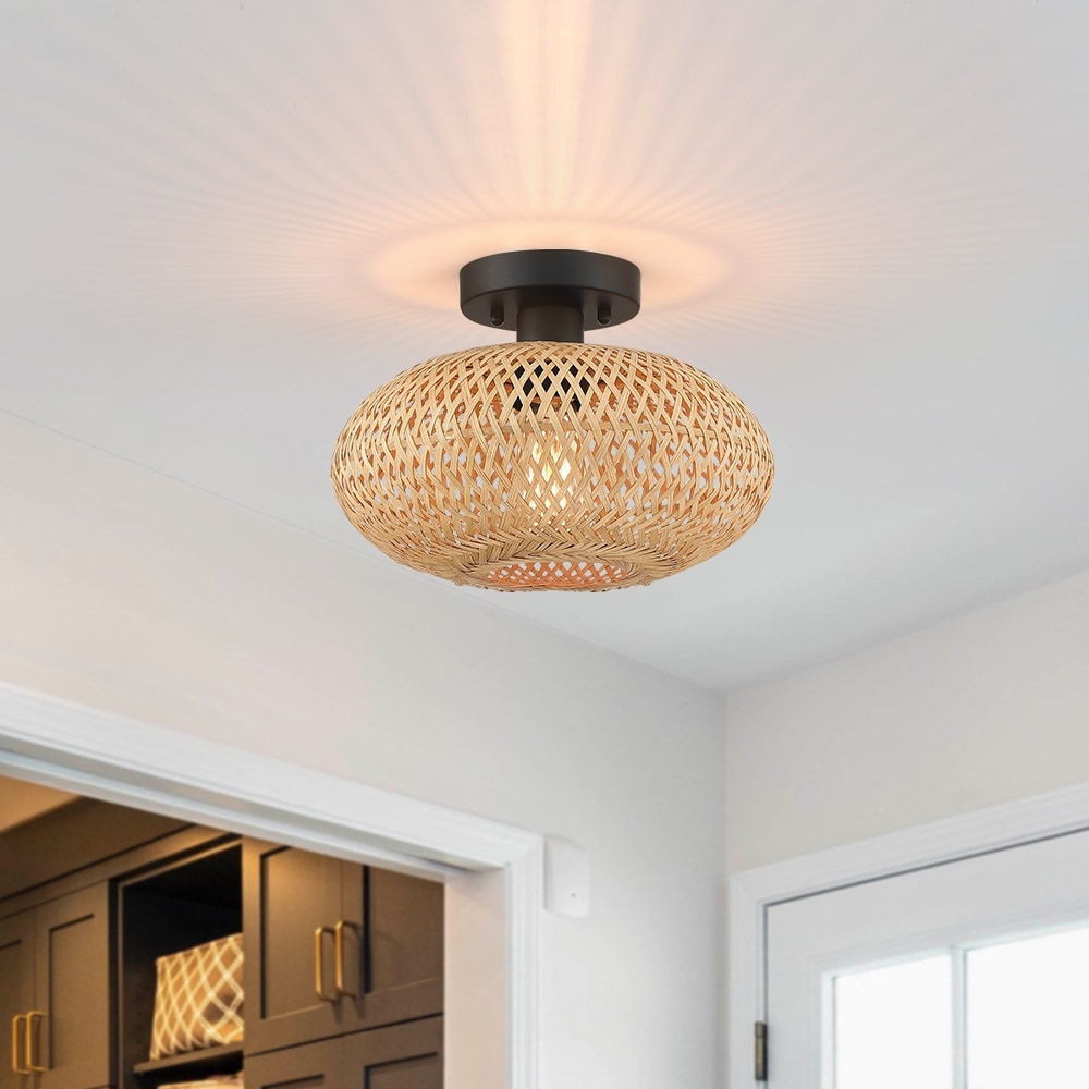 1-Light Bohemian Bamboo Semi-Flush Mount Ceiling Light - D11"x H8" - 11 in. W