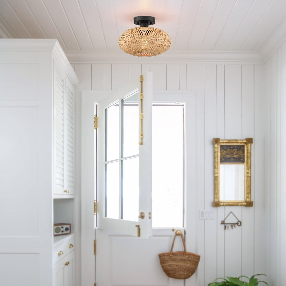 1-Light Bohemian Bamboo Semi-Flush Mount Ceiling Light - D11"x H8" - 11 in. W
