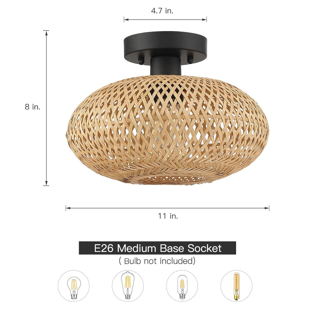 1-Light Bohemian Bamboo Semi-Flush Mount Ceiling Light - D11"x H8" - 11 in. W