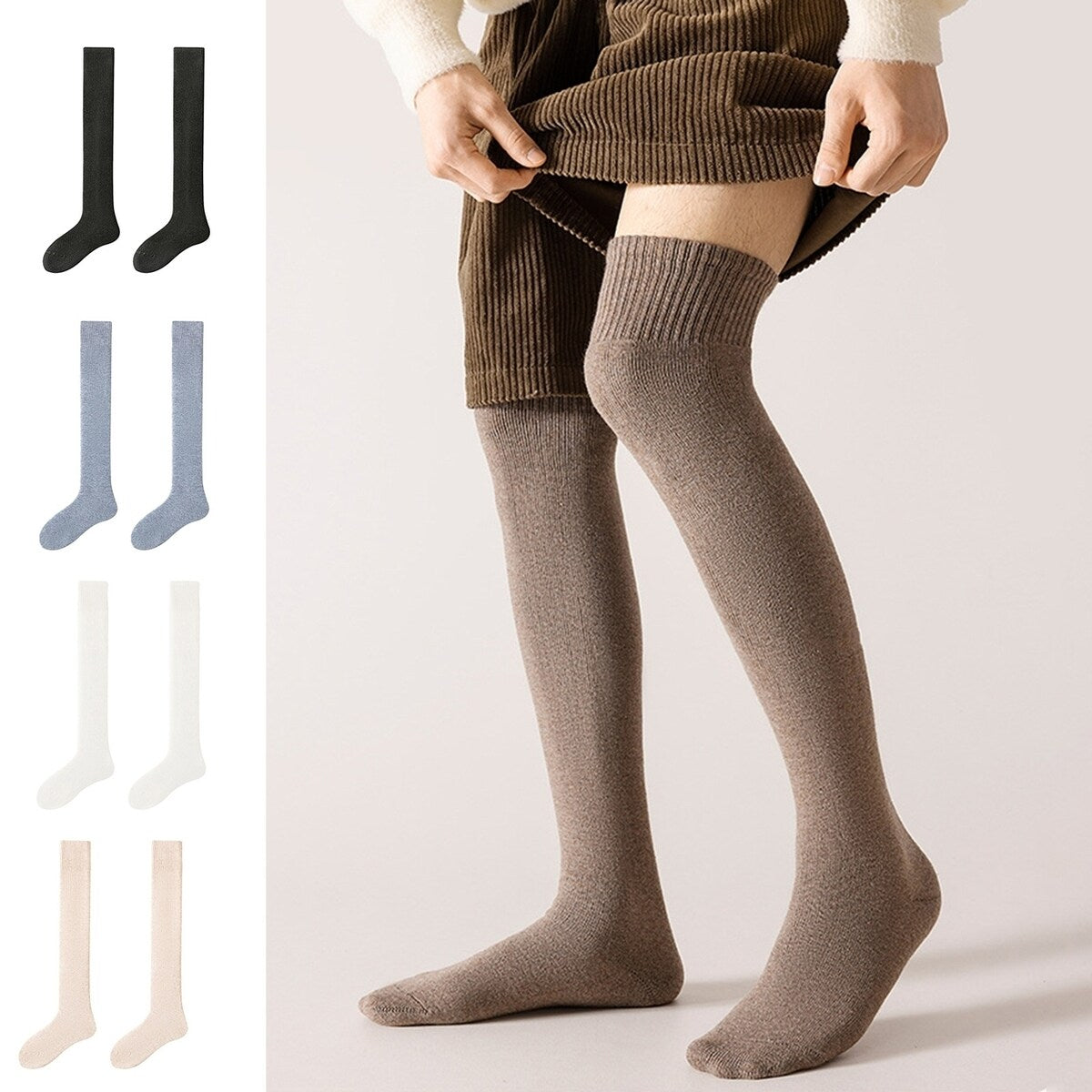 1 Pair Men Winter Stockings Solid Color Soft Breathable LongTube High Elasticity Over Knee Length Warm AntiSlip No