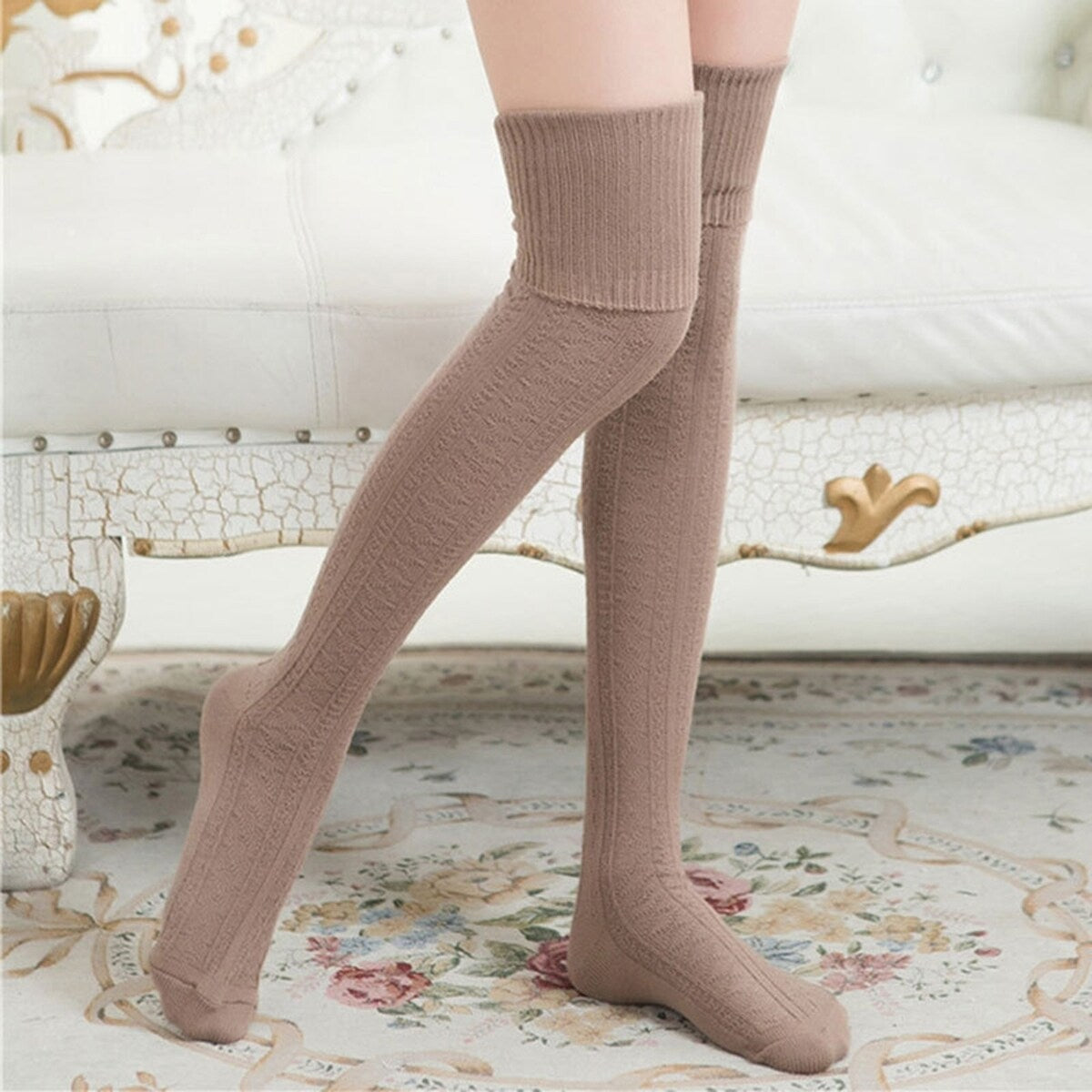 1 Pair Solid Color Jacquard High Elasticity Thickened Thigh Stockings Autumn Winter Women Over Knee Socks
