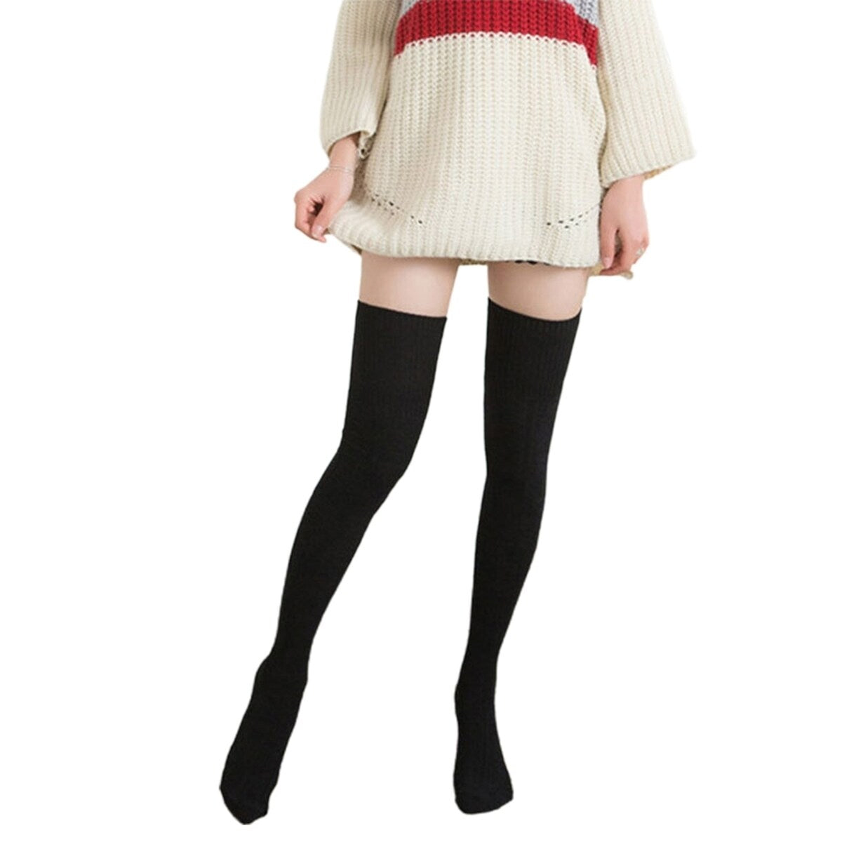 1 Pair Solid Color Jacquard High Elasticity Thickened Thigh Stockings Autumn Winter Women Over Knee Socks