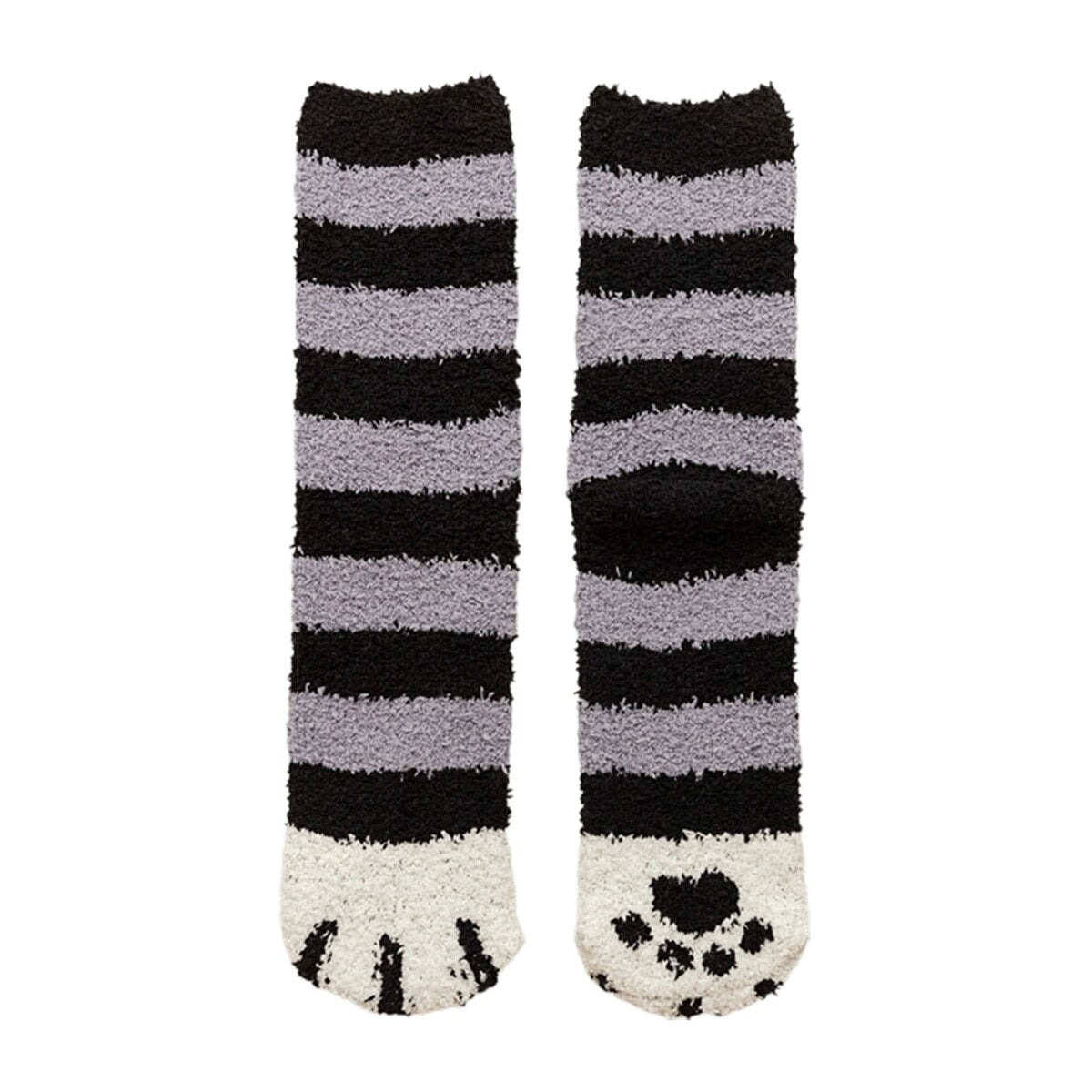 1 Pair Women Floor Socks Cat Feet Middle Tube Stretch Contrast Color Coral Fleece Thicken Cartoon Sleeping Socks For