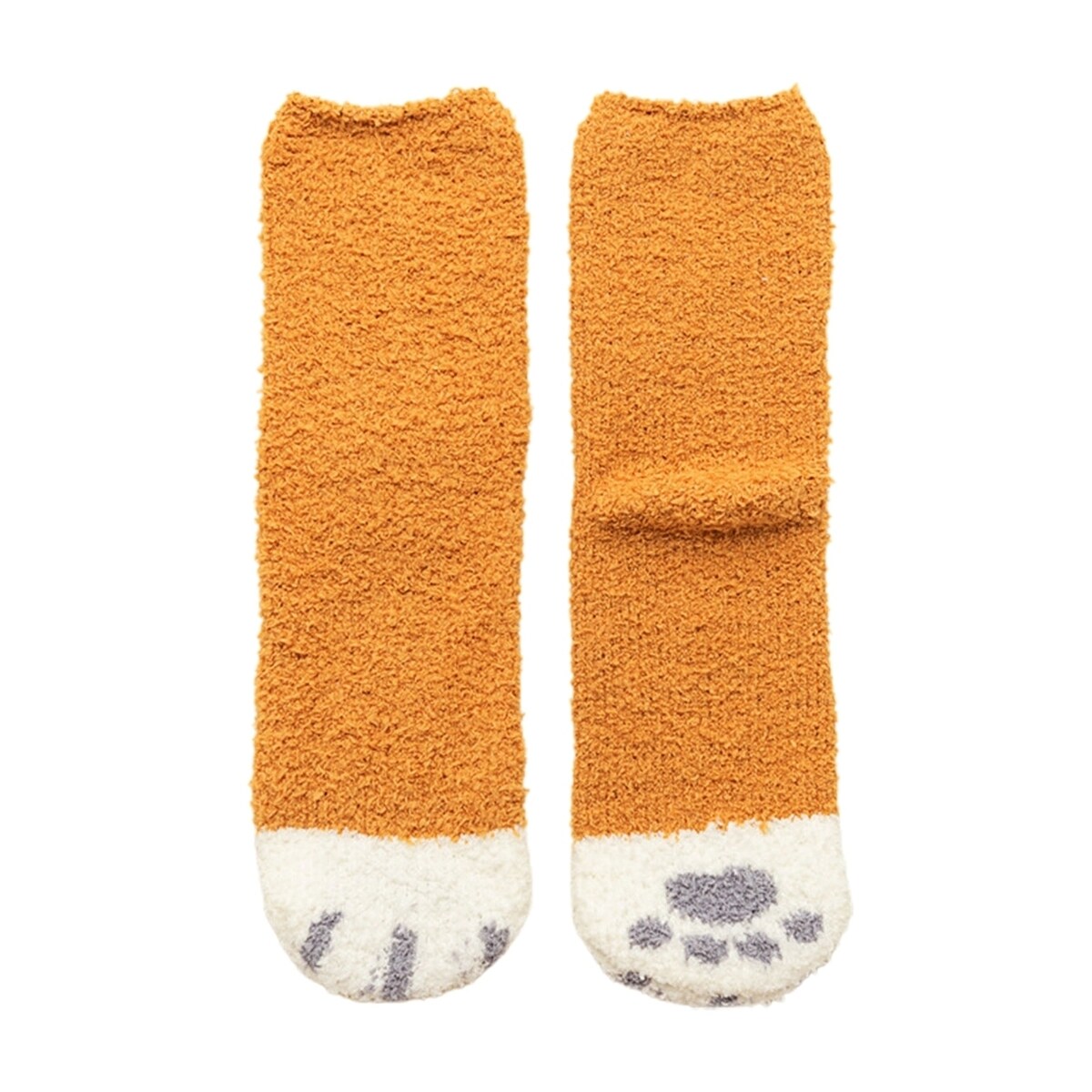 1 Pair Women Floor Socks Cat Feet Middle Tube Stretch Contrast Color Coral Fleece Thicken Cartoon Sleeping Socks For