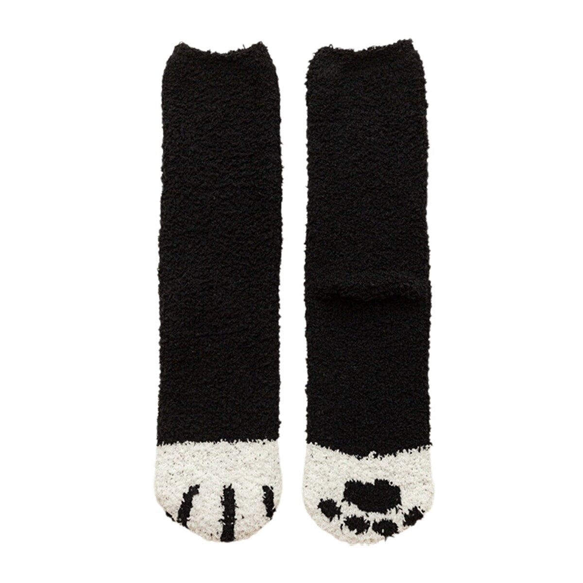 1 Pair Women Floor Socks Cat Feet Middle Tube Stretch Contrast Color Coral Fleece Thicken Cartoon Sleeping Socks For