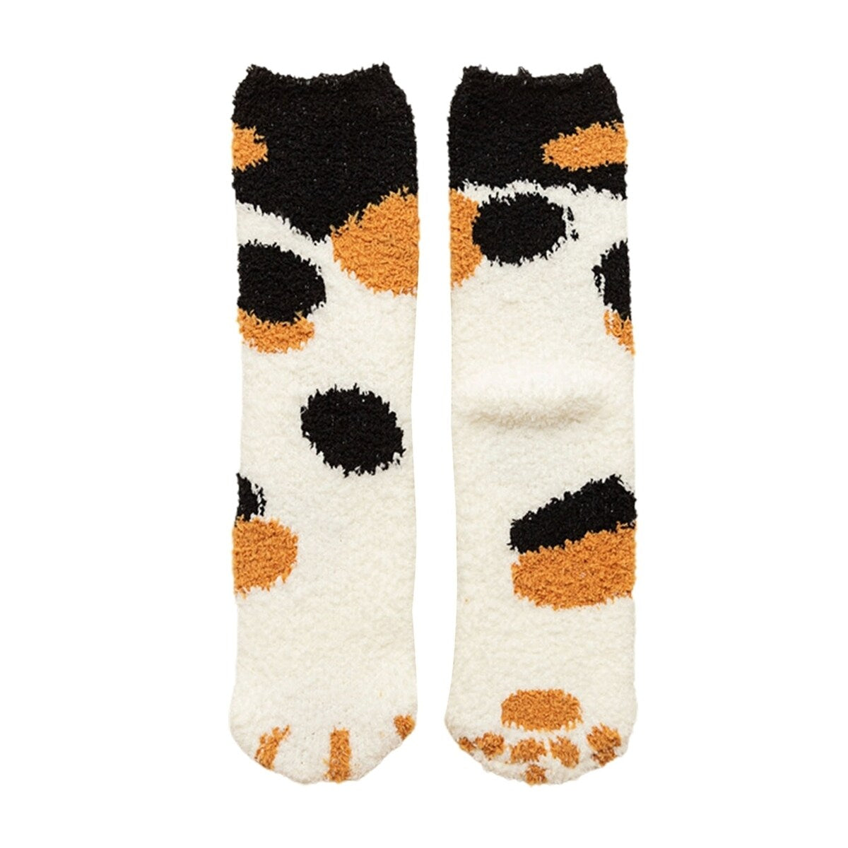 1 Pair Women Floor Socks Cat Feet Middle Tube Stretch Contrast Color Coral Fleece Thicken Cartoon Sleeping Socks For
