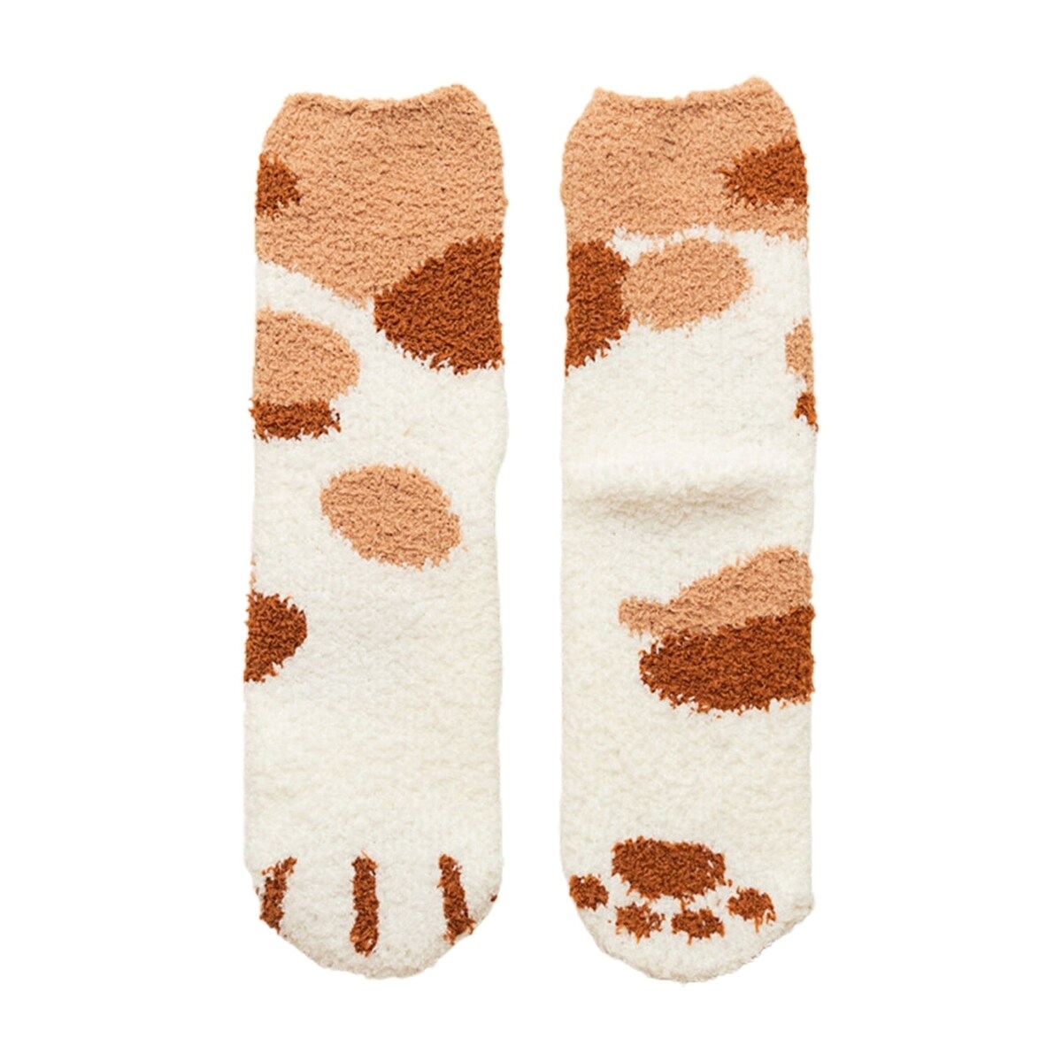1 Pair Women Floor Socks Cat Feet Middle Tube Stretch Contrast Color Coral Fleece Thicken Cartoon Sleeping Socks For
