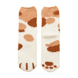 1 Pair Women Floor Socks Cat Feet Middle Tube Stretch Contrast Color Coral Fleece Thicken Cartoon Sleeping Socks For
