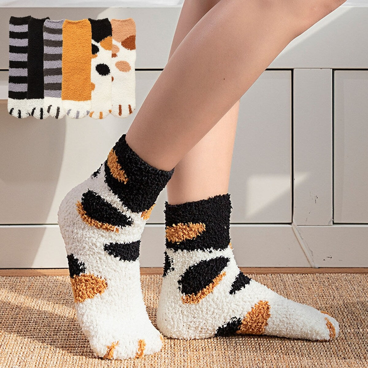 1 Pair Women Floor Socks Cat Feet Middle Tube Stretch Contrast Color Coral Fleece Thicken Cartoon Sleeping Socks For