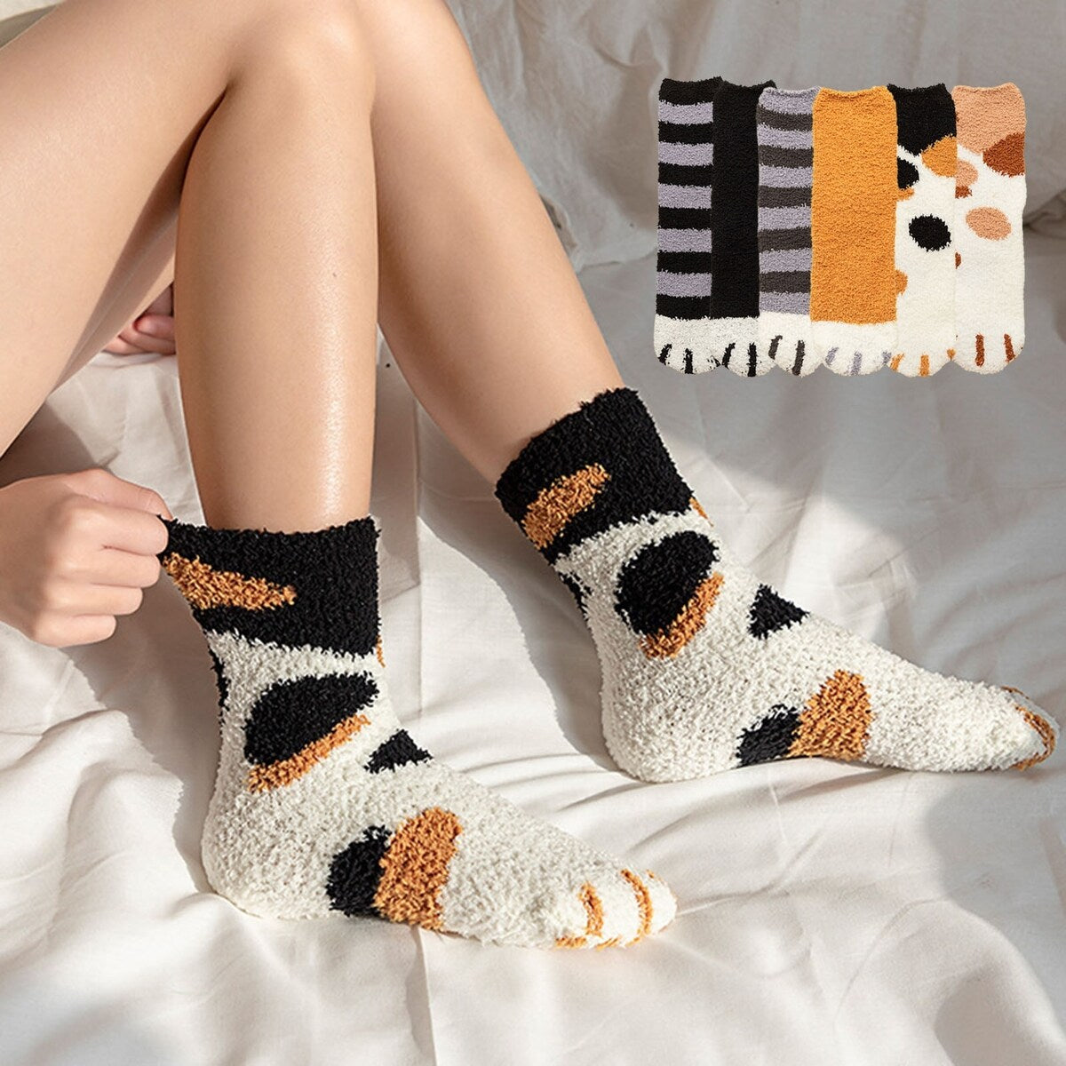 1 Pair Women Floor Socks Cat Feet Middle Tube Stretch Contrast Color Coral Fleece Thicken Cartoon Sleeping Socks For