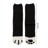 1 Pair Women Floor Socks Cat Feet Middle Tube Stretch Contrast Color Coral Fleece Thicken Cartoon Sleeping Socks For