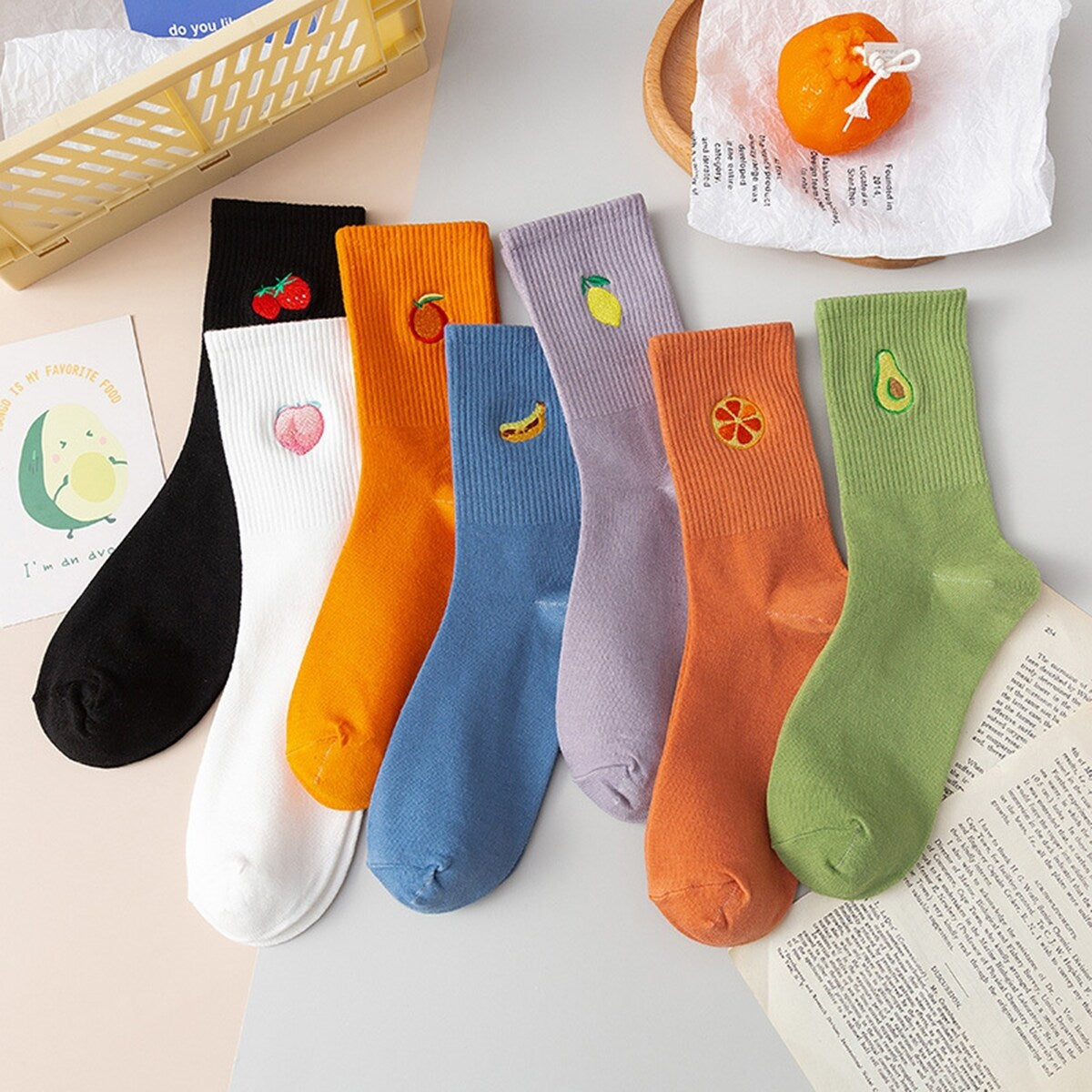 1 Pair Women Socks Fruit Embroidery AntiSlip Solid Color Breathable Soft Keep Warm Stretchy Preppy Style Mid Tube Socks