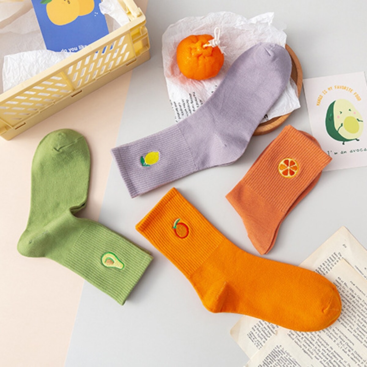 1 Pair Women Socks Fruit Embroidery AntiSlip Solid Color Breathable Soft Keep Warm Stretchy Preppy Style Mid Tube Socks