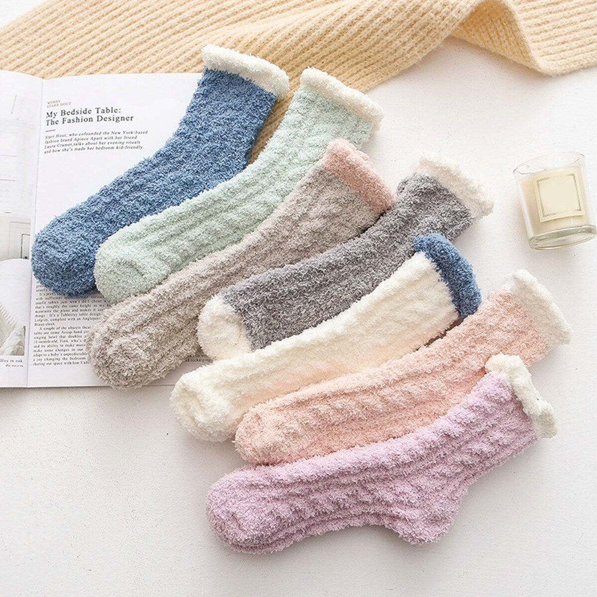 1 Pair Women Socks Soft Texture Coral Fleece Stretchy Ankle Length AntiSkid Cold Resistant Thick Winter Warm Fluffy