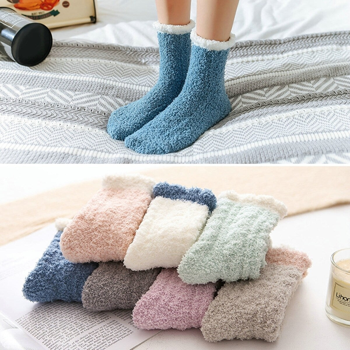 1 Pair Women Socks Soft Texture Coral Fleece Stretchy Ankle Length AntiSkid Cold Resistant Thick Winter Warm Fluffy