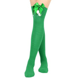 1 Pair Women Striped Print Over Knee Socks Solid Color Bowknot Decor Thigh High Stockings High Elastic Christmas